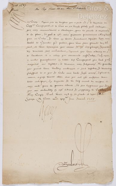 null HENRI III (1551-1589). L.S. adressée à Charles de LORRAINE, duc d’Aumale, Paris,...