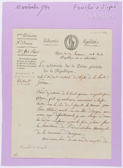 null FOUCHÉ, Joseph, duke of Otranto (1759-1820). Set of 2 documents: 



-L.S. Paris,...