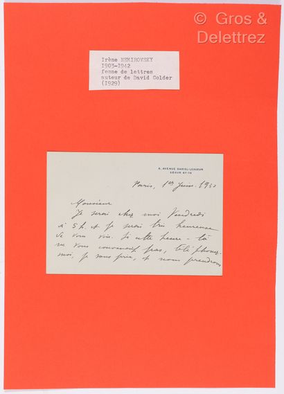 null NEMIROVSKY, Irene (1903-1942). C.A.S. Paris, June 1, 1930. 2 pp. in-12 oblong.



The...
