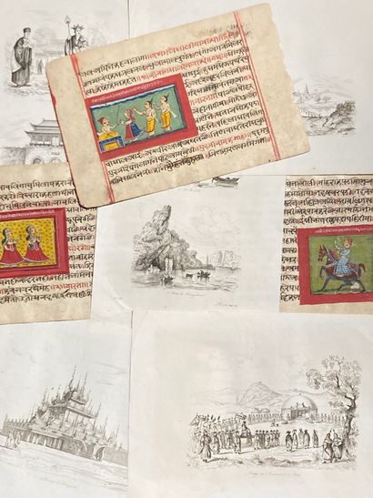 null INDIA. Set of 4 painted Hindu miniatures, on 3 sheets of handwritten text. S.l.n.d....