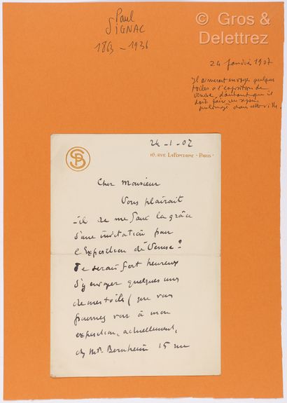 null SIGNAC, Paul. L.A.S. S.l. [Paris], January 24, 1907. 2 pp. in-8. Nice "PS" numeral...