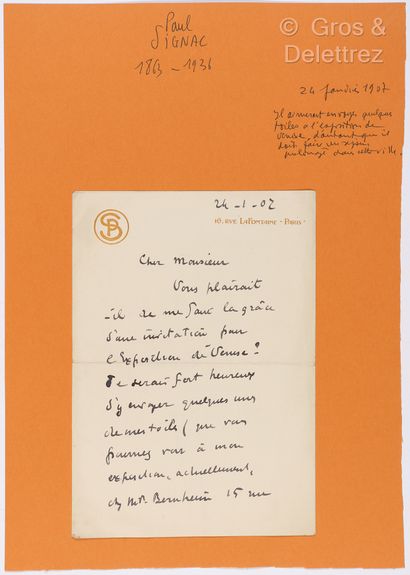 null SIGNAC, Paul. L.A.S. S.l. [Paris], 24 janvier 1907. 2 pp. in-8. Beau chiffre...