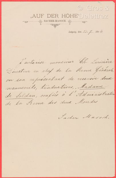 null SACHER-MASOCH, Leopold von (1836-1895). Ensemble de 2 documents : 



-L.S....