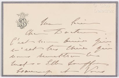 null BERNHARDT, Sarah (1844-1923). Ensemble d’une L.A.S., 2 C.A.S. et une enveloppe...
