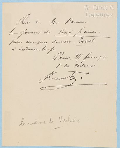 null VERLAINE, Paul (1844-1896) - Eugénie KRANTZ & Philomène BOUDIN, maîtresses du...