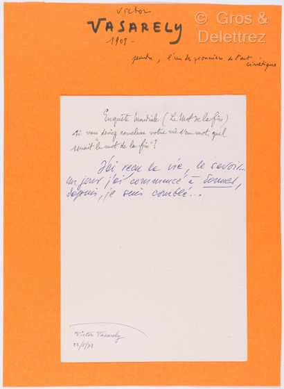 null VASARELY, Victor (1906-1997). Ensemble de 2 manuscrits autographes. [1973]....