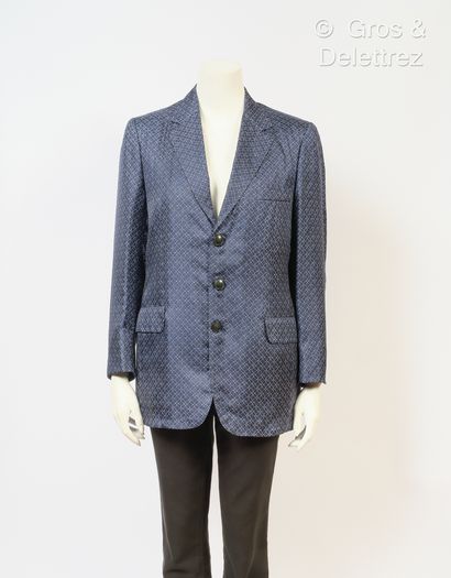 HERMES Paris Men's jacket in navy silk printed with a pattern, notched shawl collar,...