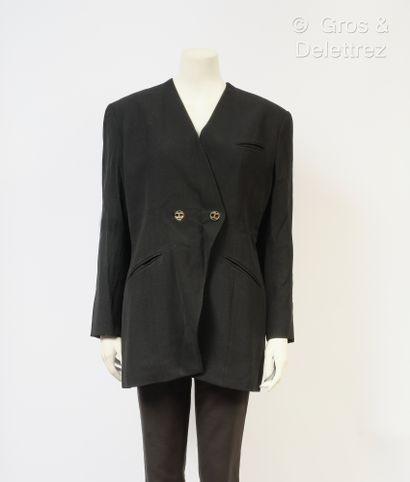 HERMES Paris Made in France Long black wool riding jacket, V-neckline, double breasted...
