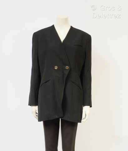 HERMES Paris Made in France Veste longue cavalière en laine noire, décolleté en V,...