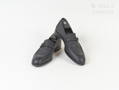 HERMES Made In Italy Pair of "Monterey" moccasins in black Epsom calfskin, uppers...