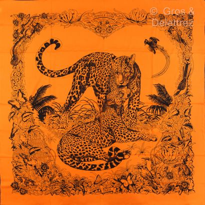 HERMES Paris Made in France Cashmere and silk shawl printed and titled "Jungle Love"...