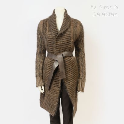 HERMES Paris Made In Italy Long vest in brown mohair wool, ribbed shawl collar, two...
