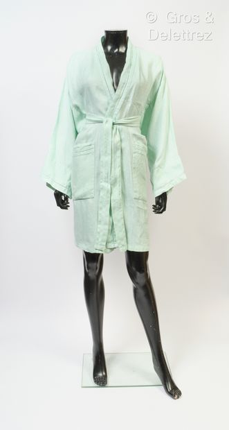 HERMES Paris Made in France Japanese inspired jacket in mint linen, white with ethnic...
