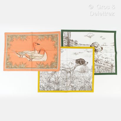 HERMES Paris Lot composed of six placemats, three with horses, two with hunting dogs,...