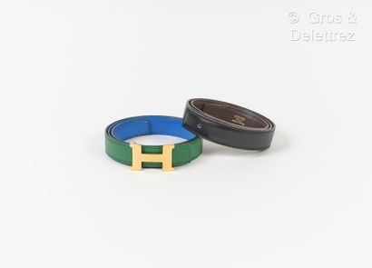 HERMES Paris Made in France Reversible 23 mm belt in blue and green Courchevel leather,...