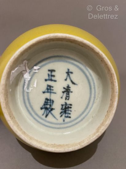 null Chine. Vase à double panse en porcelaine à fond jaune.



Marque Yongzheng apocryphe...