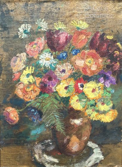 null (SD) Modern school 

Bouquet of flowers with a fern 

Oil on canvas indistinctly...