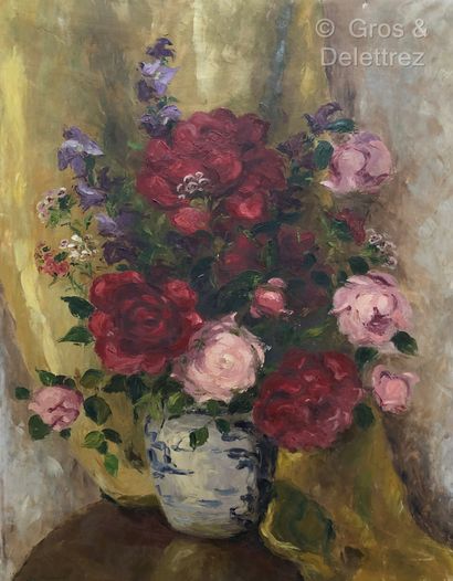 null (SD) Léa THOMPSON (XXe)

Bouquet de fleurs au vase blanc bleu 

Huile sur toile...