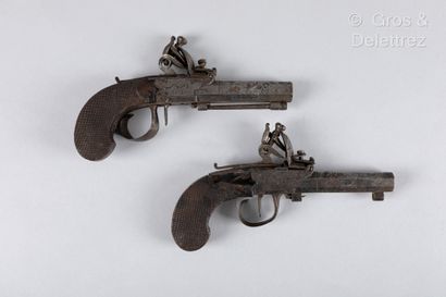 null Pair of flintlock pistols, octagonal barrels; checkered walnut stocks. (Damage...