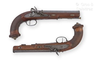 null Pair of officer's flintlock pistols, octagonal rifled barrels, 12 mm caliber,...