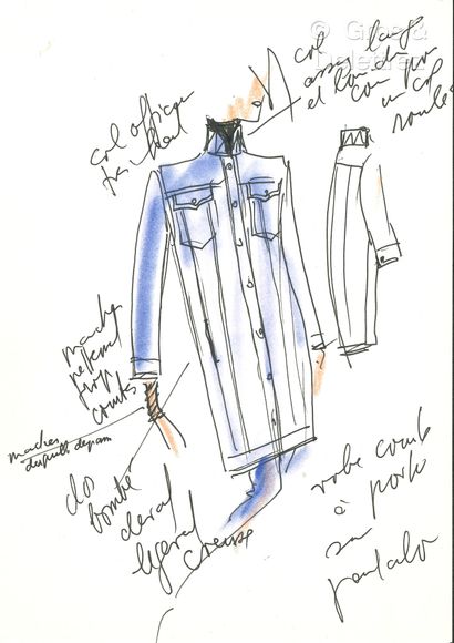 Karl Lagerfeld Ensemble de deux croquis de mode réalisés par le créateur « Longue...