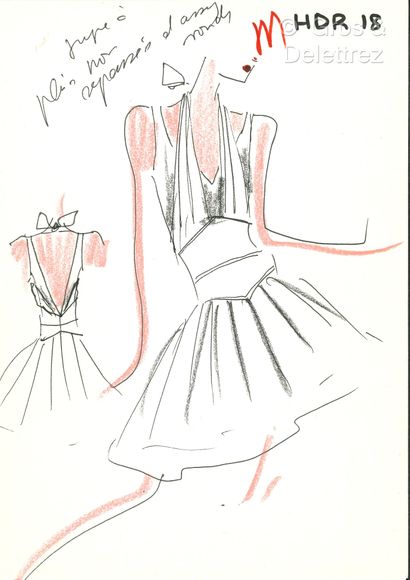 Karl Lagerfeld Set of two fashion sketches made by the designer "Pleated skirt" and...
