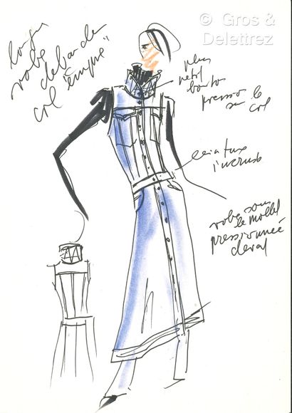 Karl Lagerfeld Set of two fashion sketches made by the designer "Long dress" and...