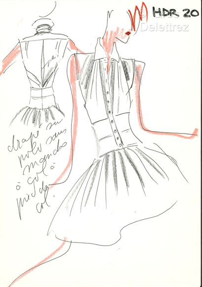 Karl Lagerfeld Set of two fashion sketches made by the designer "Pleated skirt" and...