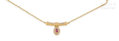 null Yellow gold necklace, decorated with a central motif set with an oval ruby in...