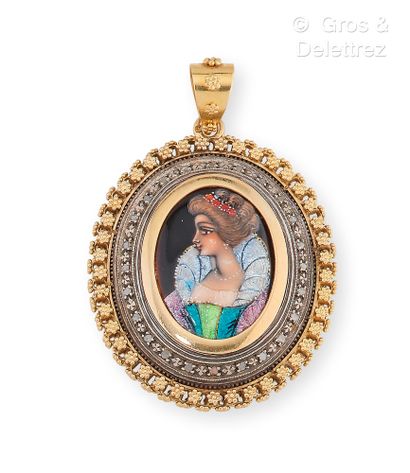 null Yellow and white gold pendant, decorated with a polychrome enamelled miniature...