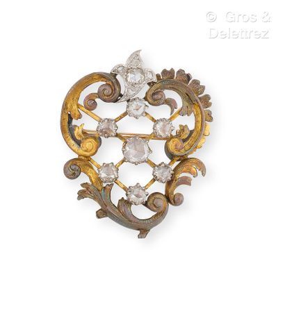 Yellow gold and platinum brooch with rocaille...