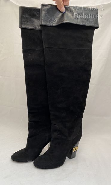 null CASADEI pair of black suede thigh-high boots, aged leather lapels in color,...
