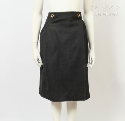 null HERMES Paris made in France - Wrap skirt in black wool, waist decorated with...