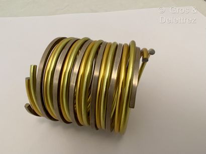 LAURENT BAUDE Minimasterpiece - Green and gold brass and silver bracelet. P.: 199,3g....