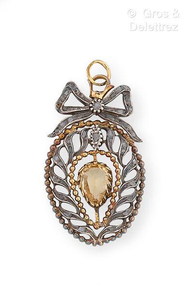 null Silver pendant, decorated with a citrine in an openwork setting of rose-cut...
