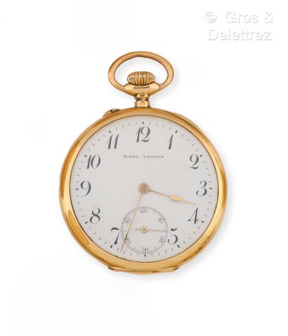 HENRI LEPAUTE Yellow gold pocket watch, round case (48.5 mm), white enamel dial with...