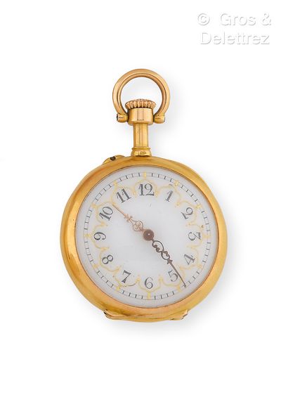 null Yellow gold collar watch, round case, white enamel dial decorated with a golden...