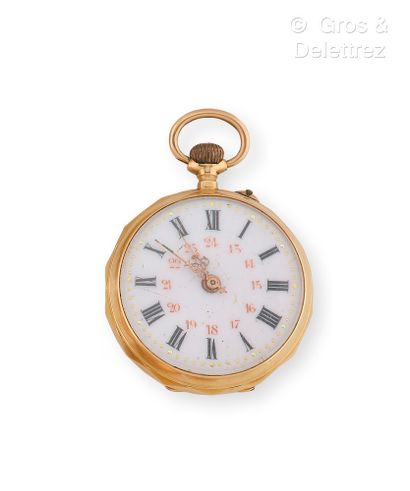 null Yellow gold collar watch, round case (28 mm) white enamel dial with painted...
