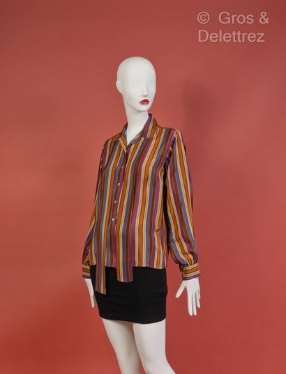 SAINT LAURENT rive gauche Silk crepe shirt printed with multicolored stripes, lavaliere....