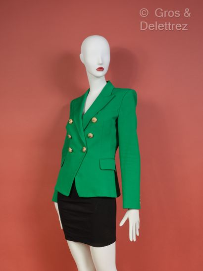 BALMAIN par Olivier Rousteing circa 2014 Veste blazer en coton vert, double boutonnage...