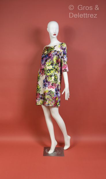 ERDEM Ecru satin dress printed with a multicolored floral pattern. Beige claw, black...