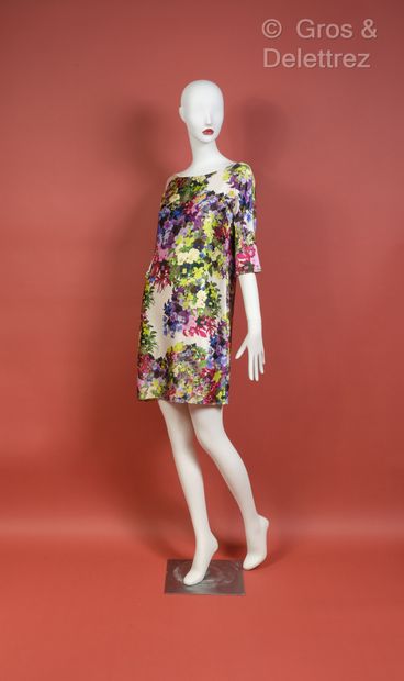 ERDEM Robe en satin écru imprimé d’un motif floral multicolore. Griffe beige, graphisme...