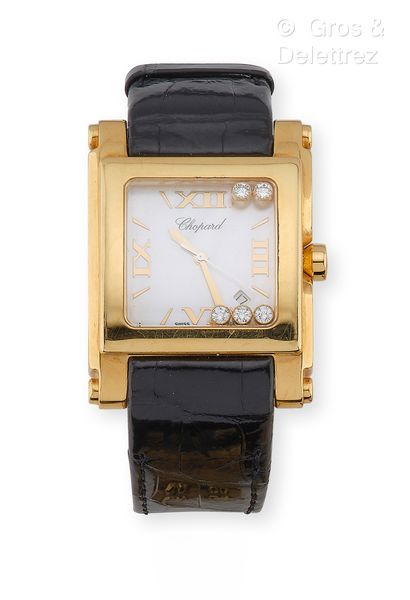 CHOPARD « Happy Sport » Montre de poignet en or jaune 750 millièmes, boîtier rectangulaire...