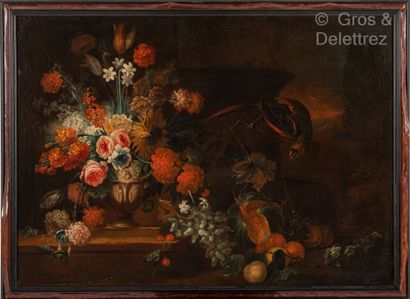 null Ecole ITALIENNE du XIXe siècleBouquet de fleurs et perroquet sur un entablementToile88...