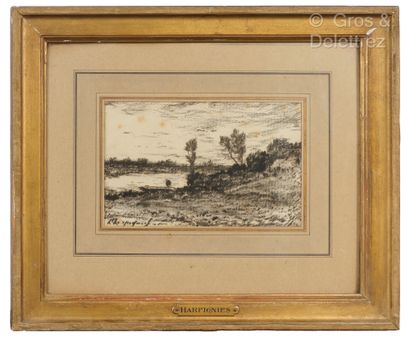 null Henri Joseph HARPIGNIES (1819-1916)Paysage lacustre à la barqueFusain.Signé...