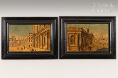 null Ecole LOMBARDE du XVIIe siècleVues d’architecturesPaire de marbres45 x 64 cmAccidents...