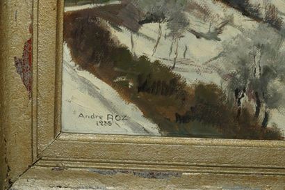 null André ROZ (1897-1946)Lac de montagne en hiver, 1935Huile sur papier marouflée...
