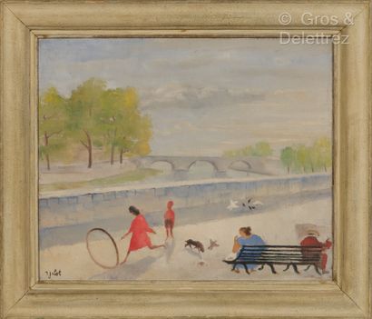 null René-Jean CLOT (1913-1997)
Enfant jouant sur un quai de Seine
Huile sur toile,...