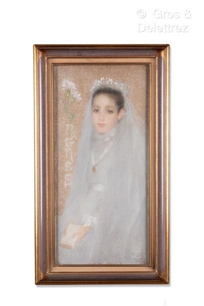 null LUCIEN LEVY-DHURMER (1865 1953Portrait d’Agnès en jeune communiantePastel sur...