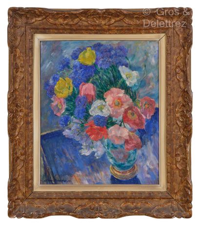 null William MALHERBE (1884-1951)Bouquet de tulipes, anémones et bleuets,1939Huile...